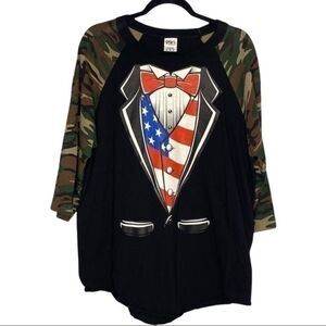 Shaka Patriotic Camo Raglan Tuxedo Graphic Tee 3/4 Sleeve USA Flag XL NEW
